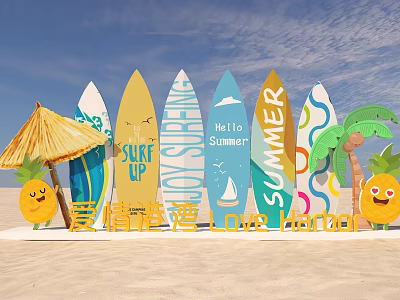 Summer Themed Surfboard Decorations With Pineapple Umbrella And Love Bay Elements 3d model