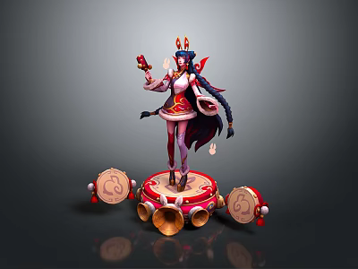 Game Movie Character Female With Traditional Costume Purple Long Hair Ornate Headdress And Drum Platform 3d model