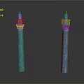 Two Blue Decorative Columns With Intricate Patterns And Ornamental Tops