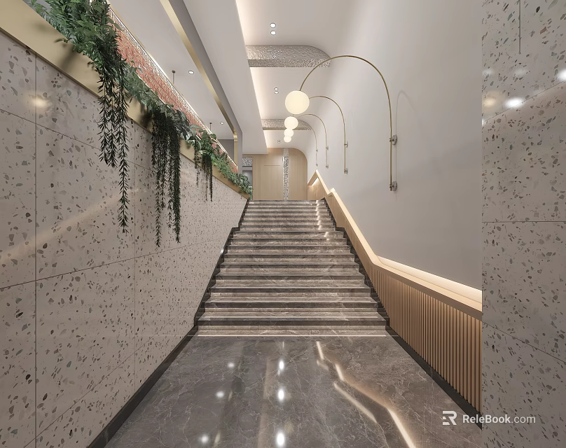 Modern Staircase Interior Design With Hanging Plants And Archway Lights 3d model 