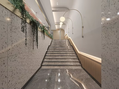 Modern Staircase Interior Design With Hanging Plants And Archway Lights 3d model