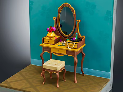 Elegant Vintage Dressing Table With Oval Mirror Drawers Stool And Cosmetics On Turquoise Wall 3d model