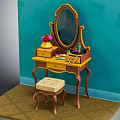 Elegant Vintage Dressing Table With Oval Mirror Drawers Stool And Cosmetics On Turquoise Wall
