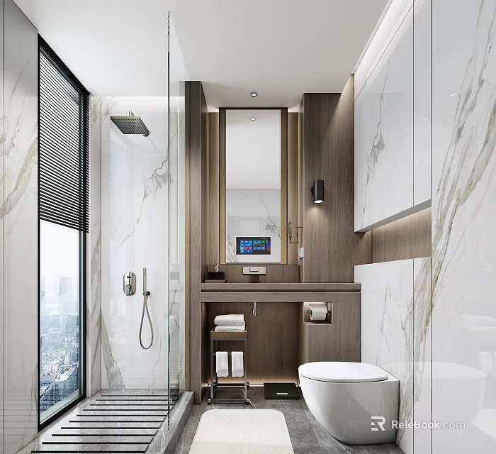 Modern Bathroom Interior With Marble Walls Open Shower Wooden Vanity And Toilet 3d model 