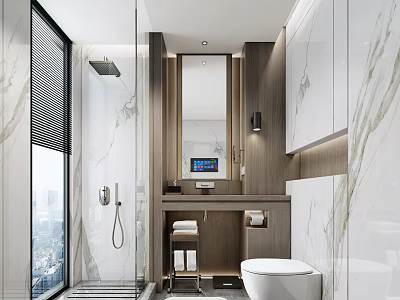 Modern Bathroom Interior With Marble Walls Open Shower Wooden Vanity And Toilet 3d model