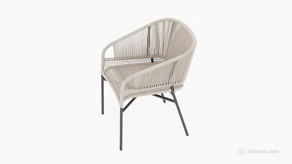 Modern Light Colored Woven Leisure Chair With Black Metal Legs And Armrests 3d model 