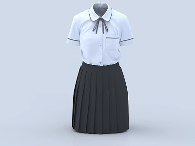 White School Uniform Shirt With Bow Tie Cuffed Sleeves And Black Pleated Skirt 3d model