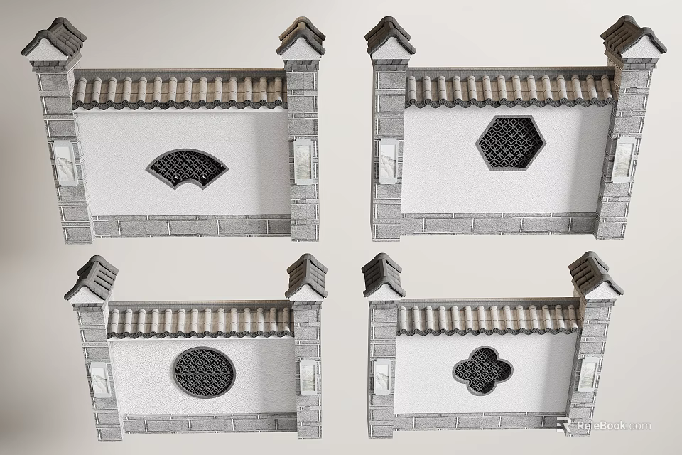 Traditional Chinese Ancient Architecture Wall With Various Shaped Lattice Windows And Tile Roof 3d model 