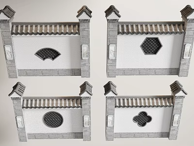 Traditional Chinese Ancient Architecture Wall With Various Shaped Lattice Windows And Tile Roof 3d model