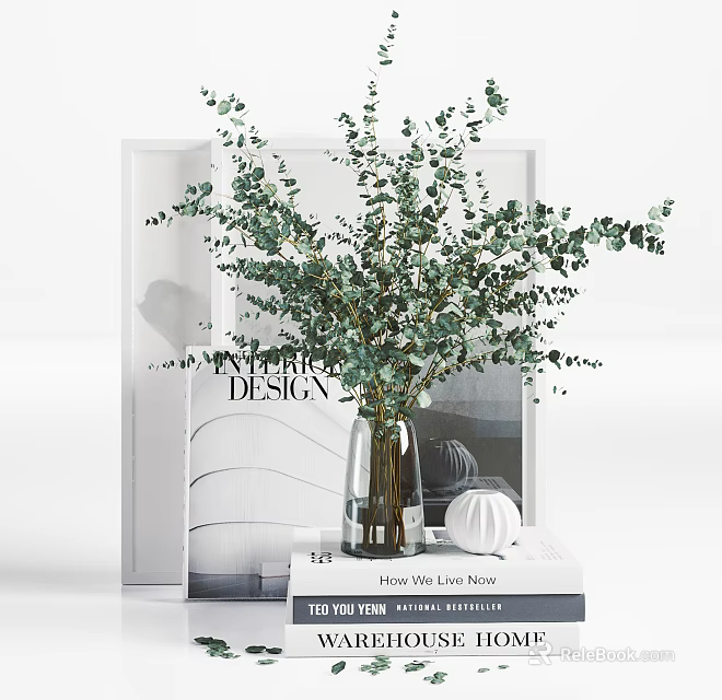 Fresh Eucalyptus In Clear Glass Vase With Stacked Books And White Frame Decor 3d model 