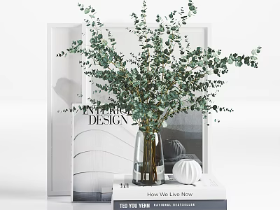 Fresh Eucalyptus In Clear Glass Vase With Stacked Books And White Frame Decor 3d model