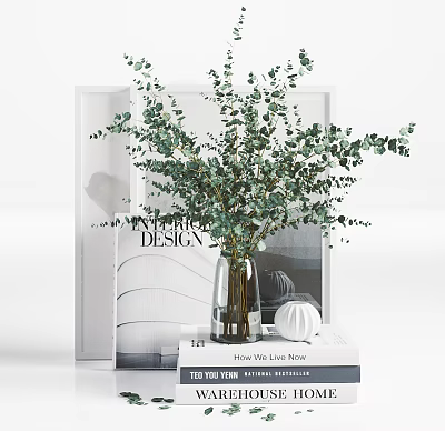 Fresh Eucalyptus In Clear Glass Vase With Stacked Books And White Frame Decor 3d model