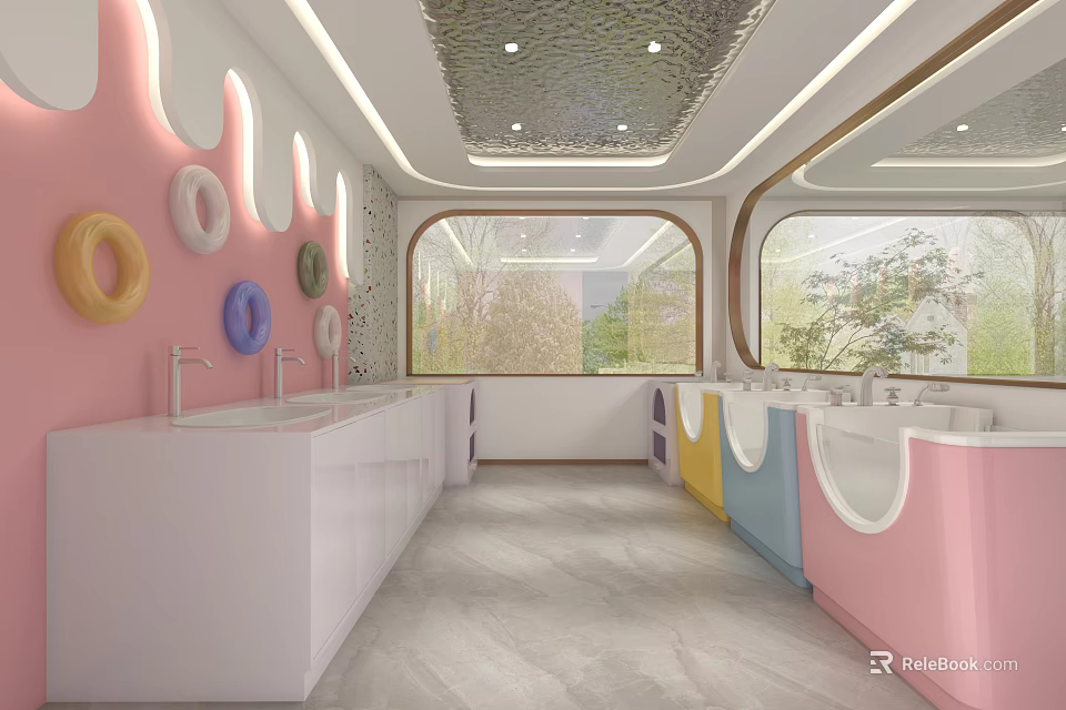 Swimming Pool Interior With Pink Walls Circular Decorations White Washbasins Large Windows And Trees Outside 3d model 