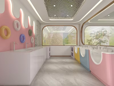Swimming Pool Interior With Pink Walls Circular Decorations White Washbasins Large Windows And Trees Outside 3d model