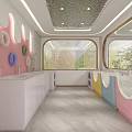 Swimming Pool Interior With Pink Walls Circular Decorations White Washbasins Large Windows And Trees Outside