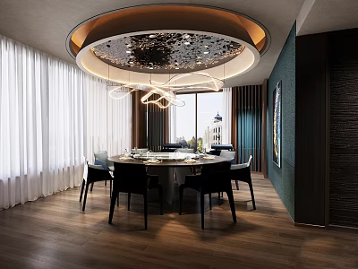 Luxurious Modern Private Dining Room Interior With Round Table Black Chairs And Elegant Chandelier 3d model