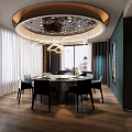 Luxurious Modern Private Dining Room Interior With Round Table Black Chairs And Elegant Chandelier