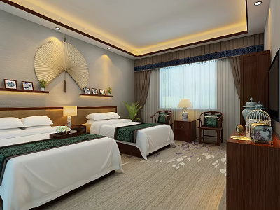 Traditional Hotel Guest Room Interior With Twin Beds White Linens Green Runners Fan Wall Decor 3d model