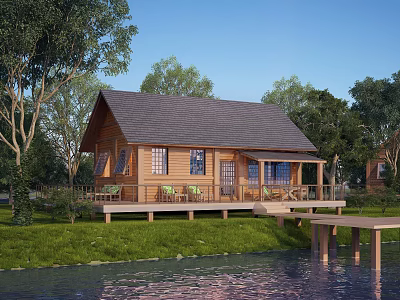 Wooden House By The Water With Gray Roof Surrounded By Trees And Green Lawn 3d model