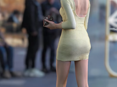 Woman In Yellow Open Back Dress Holding Small Object In Outdoor Crowd Scene 3d model