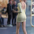Woman In Yellow Open Back Dress Holding Small Object In Outdoor Crowd Scene