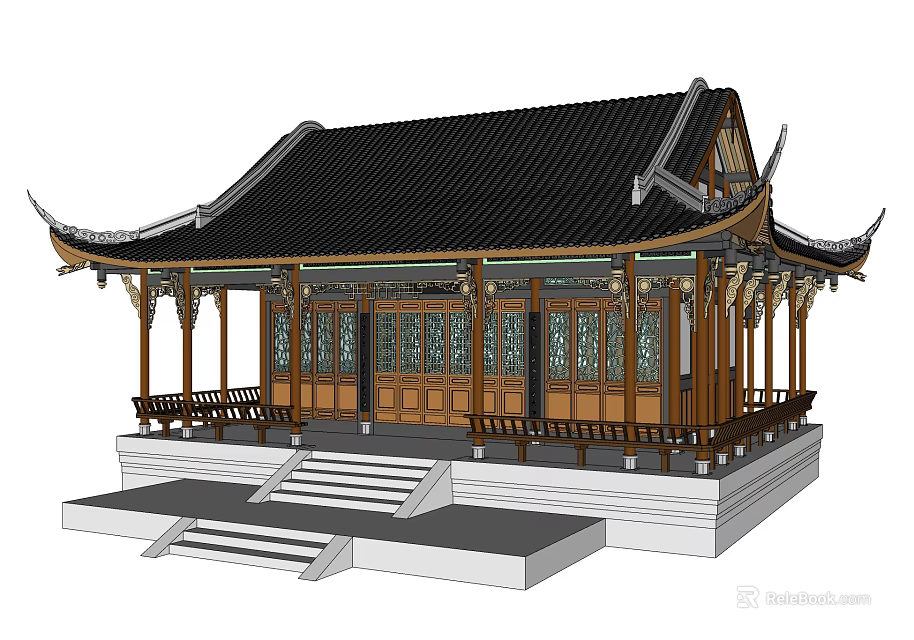 Traditional Chinese Ancient Building With Black Tiled Roof Overhanging Eaves And Carved Wooden Windows 3d model 