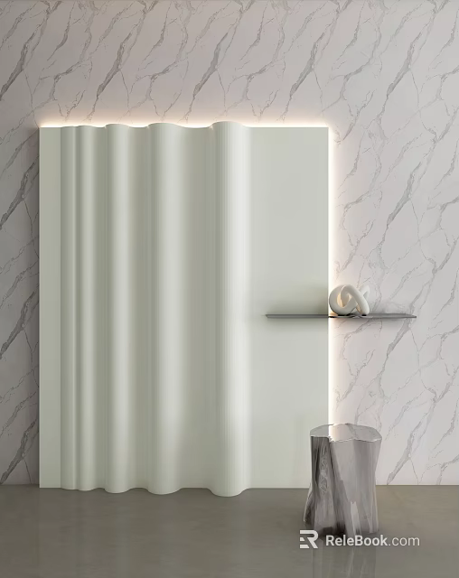 White Wavy Texture Background Wall With Marble Accent And Metal Shelf Decor 3d model