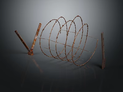 Rusty Coiled Barbed Wire Structure With Wooden Stakes And Spiral Form 3d model