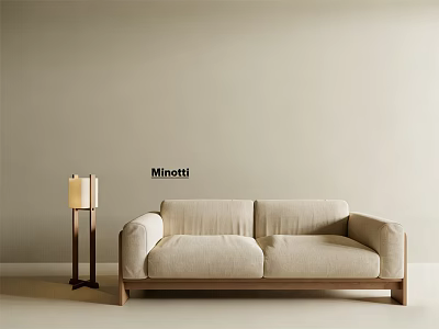 Minotti Beige Two Seater Sofa With Floor Lamp Against Light Colored Wall 3d model