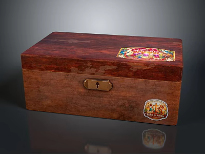 Vintage Wooden Box With Brass Metal Lock And Colorful Decorative Sticker 3d model
