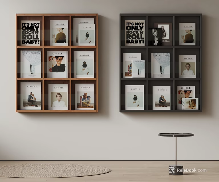 Stylish Brown and Black Bookcases with Multiple Shelves Holding Books and Decorative Prints 3d model 