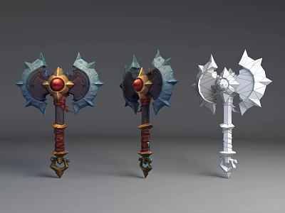 Fantasy Style Weapon With Three Distinct Designs Ornate Details And Red Gemstones 3d model