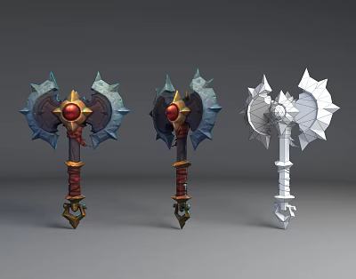 Fantasy Style Weapon With Three Distinct Designs Ornate Details And Red Gemstones 3d model