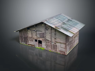 Weathered Wooden House With Metal Roof Wooden Walls And Green Plants Around 3d model