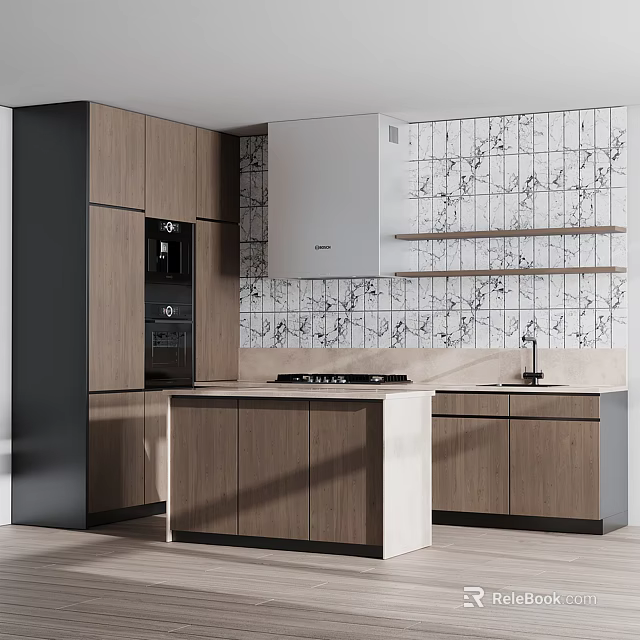 Modern Kitchen Interior Design With Wooden Cabinets Marble Tile Backsplash Island Counter And Appliances 3d model 