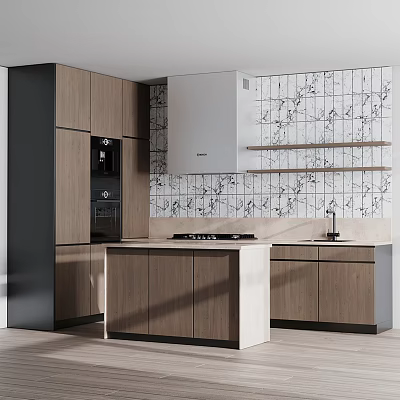 Modern Kitchen Interior Design With Wooden Cabinets Marble Tile Backsplash Island Counter And Appliances 3d model