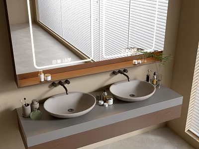 Modern Bathroom Vanity With Double Sinks Large Mirror Wooden Frame And Toiletries On Counter 3d model