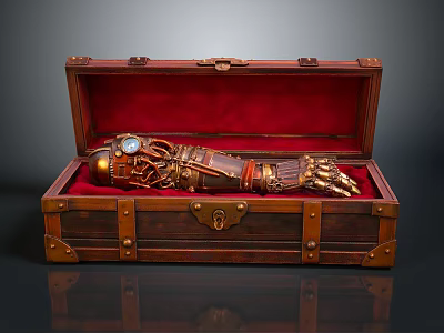 Open Wooden Chest With Red Velvet Lining Brass Hardware And Mechanical Arm 3d model