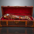 Open Wooden Chest With Red Velvet Lining Brass Hardware And Mechanical Arm