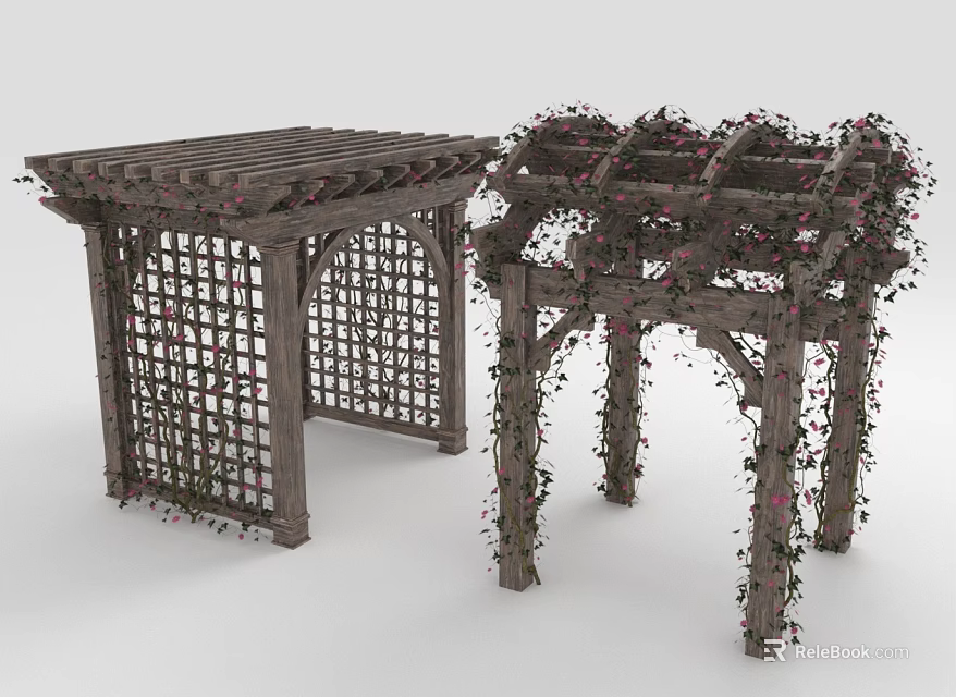 Two Wooden Outdoor Pergolas with Lattice Structure and Climbing Vines 3d model 