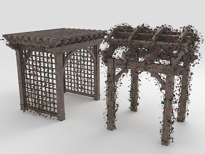 Two Wooden Outdoor Pergolas with Lattice Structure and Climbing Vines 3d model
