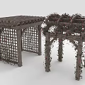 Two Wooden Outdoor Pergolas with Lattice Structure and Climbing Vines