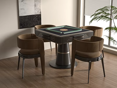 Elegant Modern Entertainment Table With Wooden Top And Brown Chairs In Living Room 3d model