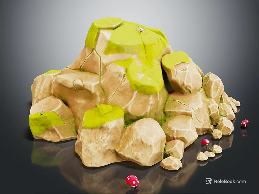 Detailed 3D Rendered Rock Formation With Green Moss And Small Red Mushrooms 3d model 