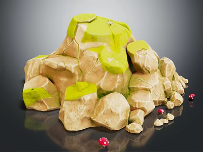 Detailed 3D Rendered Rock Formation With Green Moss And Small Red Mushrooms 3d model