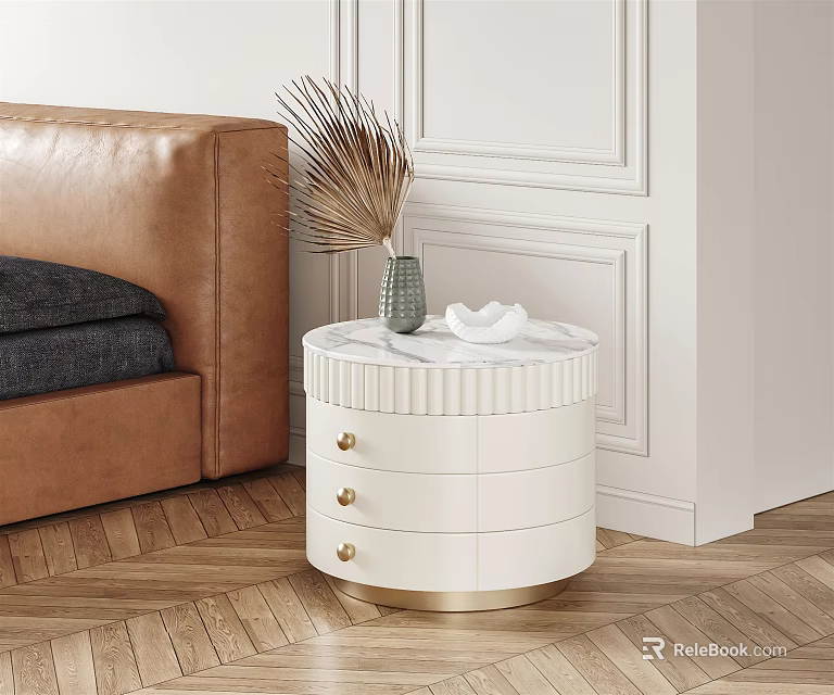 Modern White Round Bedside Table With Marble Top Drawers Dried Flower Vase And Small Plate 3d model 