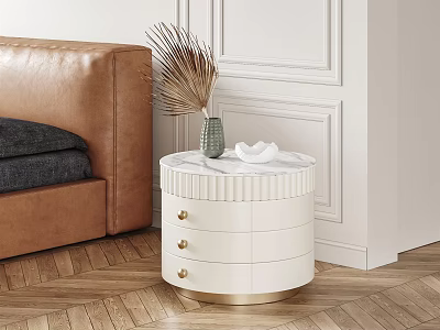 Modern White Round Bedside Table With Marble Top Drawers Dried Flower Vase And Small Plate 3d model