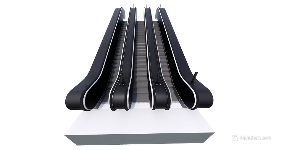 Black Parallel Escalators With Modern Design Stainless Steel Steps And White Base 3d model