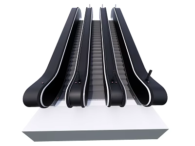 Black Parallel Escalators With Modern Design Stainless Steel Steps And White Base 3d model
