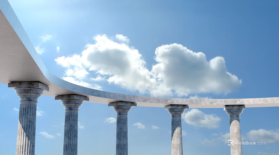 Classical Columns Under Blue Sky With White Clouds Connected By Arched Structure Featuring Fluted Design 3d model 